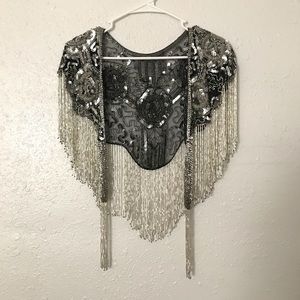 Sequence silver rose beaded fringe festival shawl